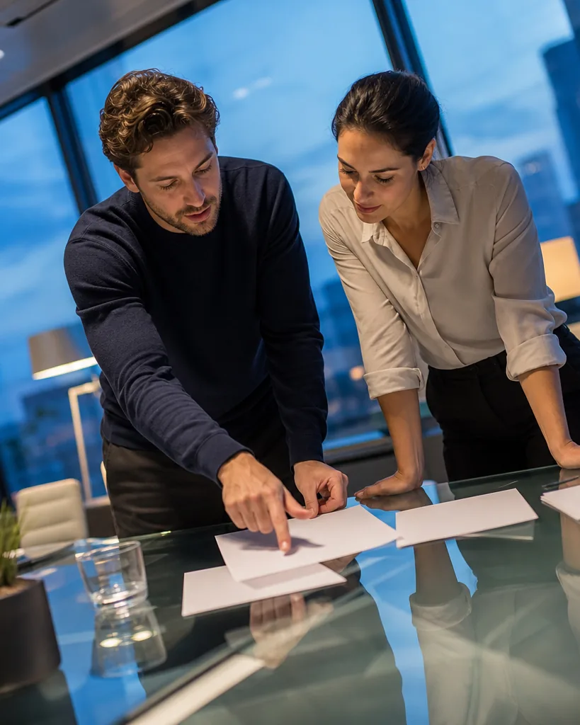 Finance lead and controller reviewing a software budget at a glass meeting table