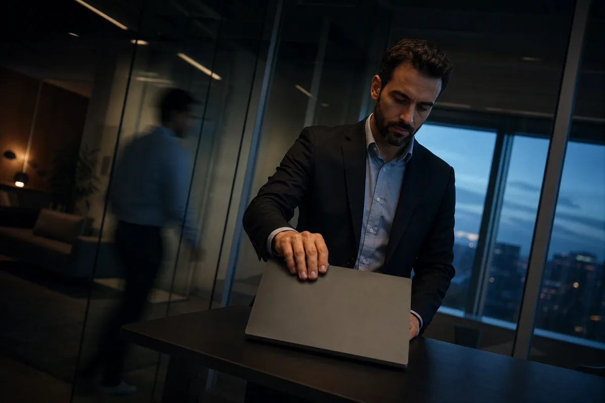 Finance controller closing a laptop at a standing desk at dusk