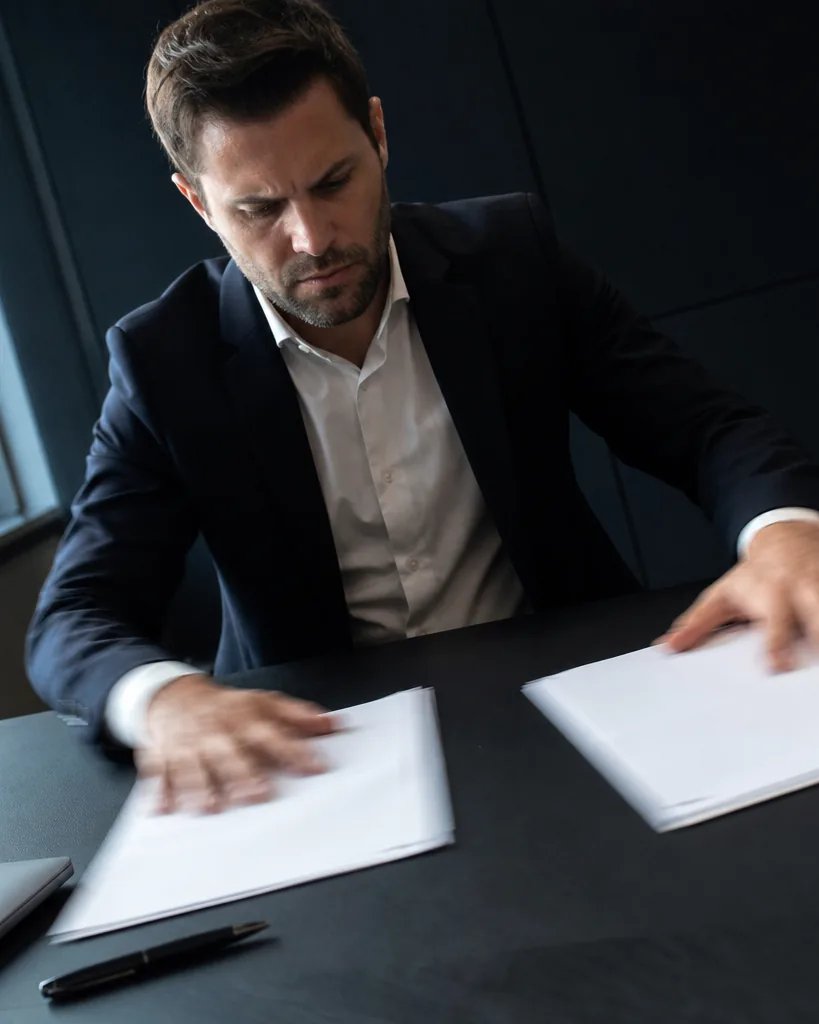 Accounting manager comparing two vendor proposals spread across a dark desk