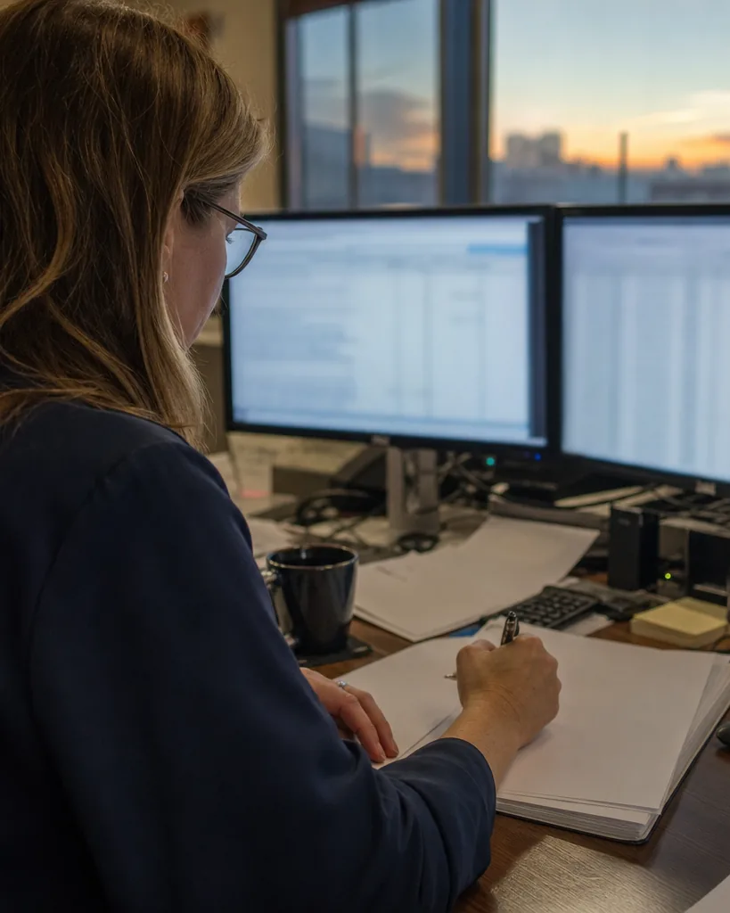 Treasury analyst ticking a printed bank balance report against two monitors at dawn
