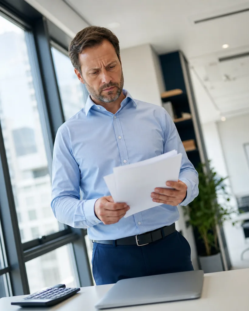 Finance director reading a printed software quote by an office window