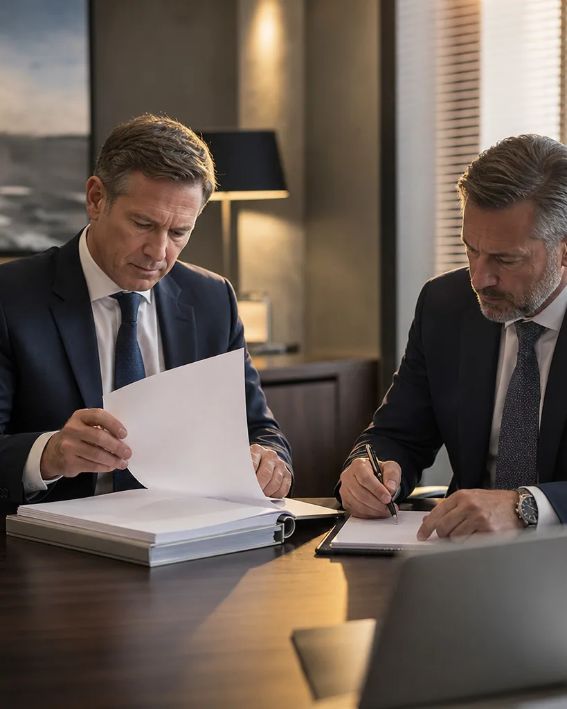 Two finance executives reviewing a thick enterprise software proposal binder in a boardroom