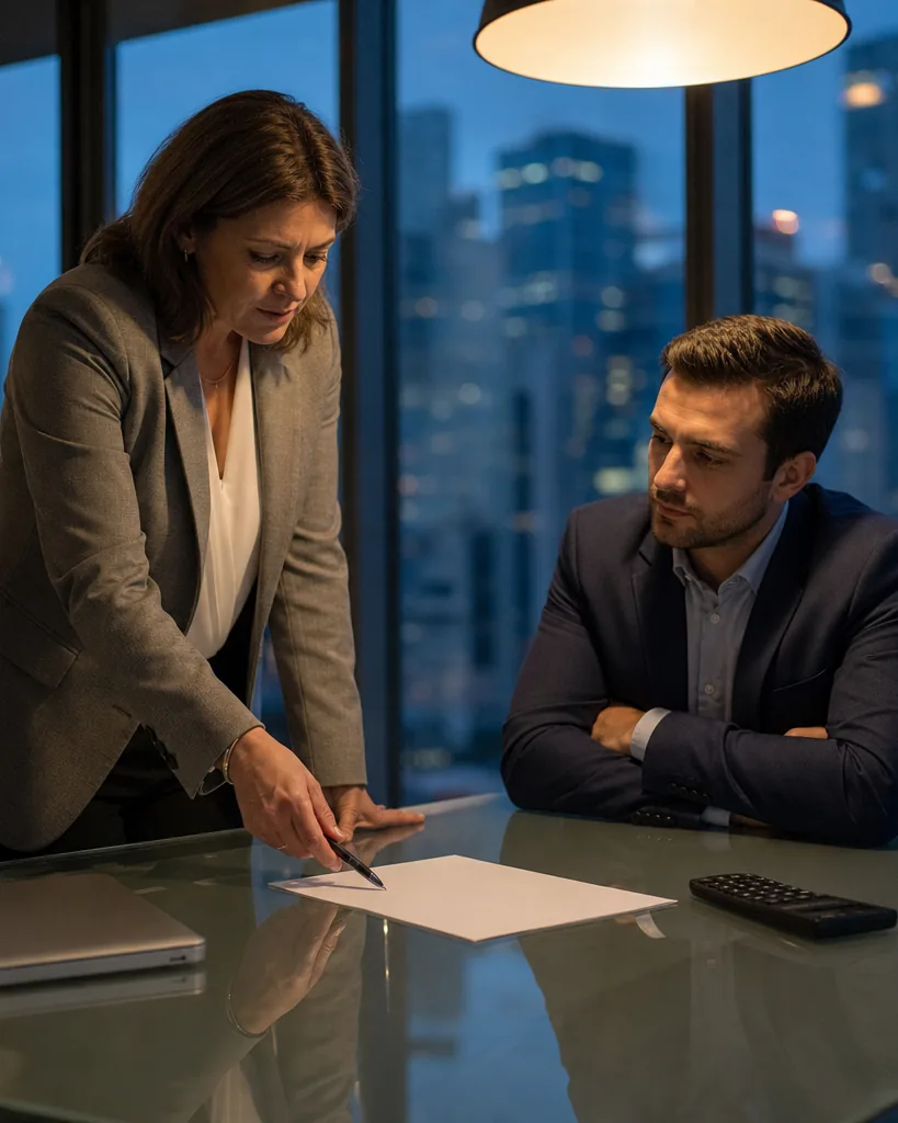 Finance controller walking a colleague through a payments platform contract at dusk