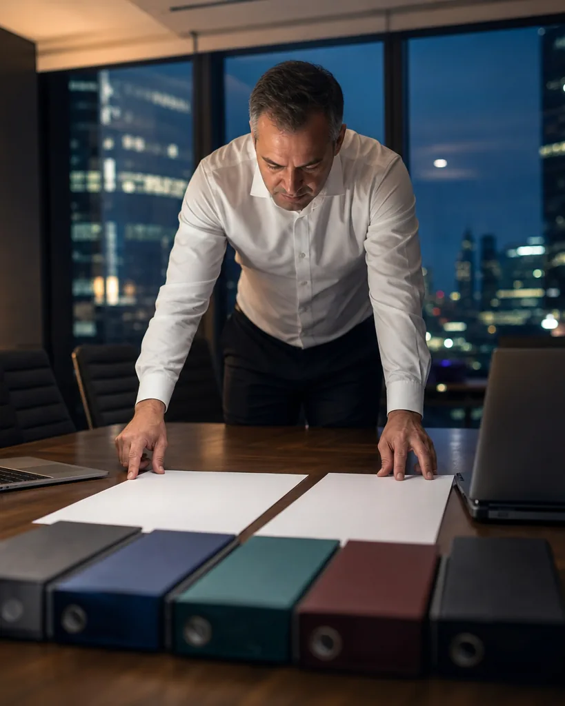 Group controller comparing reports from several entities at a long conference table