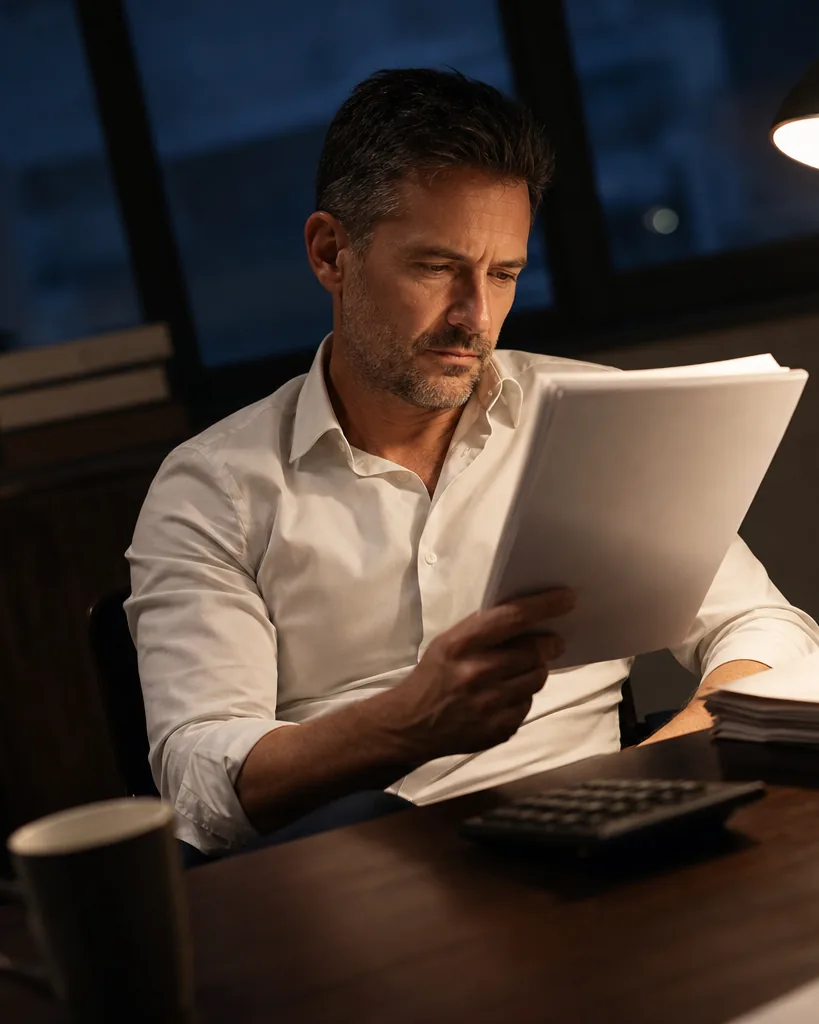 Finance director reading a long vendor quote at a desk late in the evening