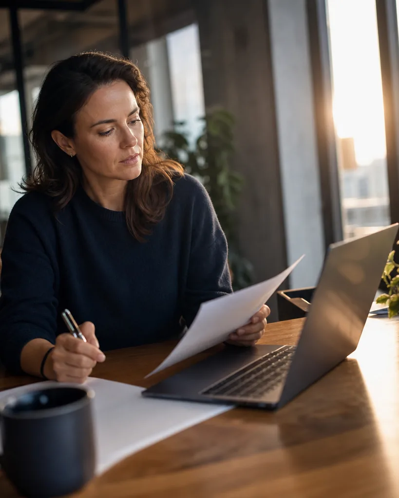 SaaS controller checking a billing report against a laptop at a desk in a sunny startup office