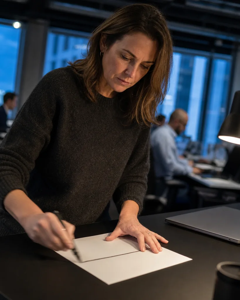 Controller crossing an enterprise vendor off a printed shortlist at a standing desk