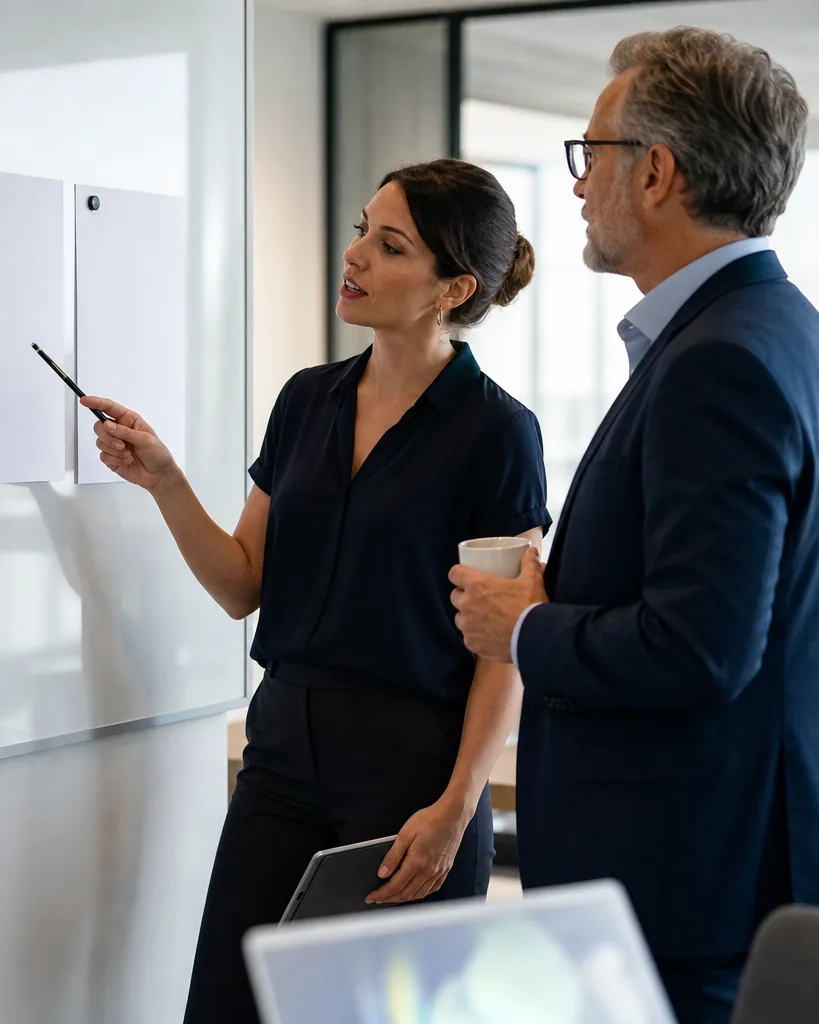 Two finance leads weighing two close software proposals pinned side by side on a wall