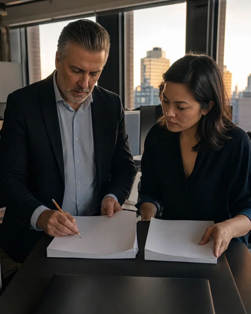 Two payments operations leads comparing two printed vendor proposals at a standing desk